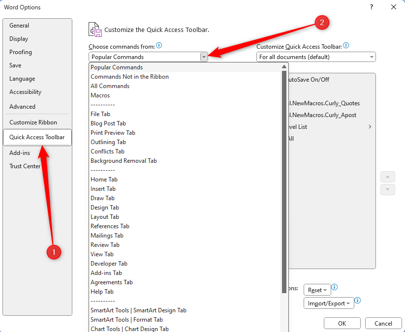 The Word Options in Microsoft Word, with the Quick Access Toolbar menu selected and the Choose Commands From drop-down displayed.