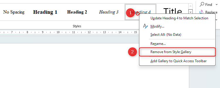 In a Microsoft Word document, a circle indicates a right-click on the Heading 4 style, and the Remove From Style Gallery option is highlighted as the option to choose.