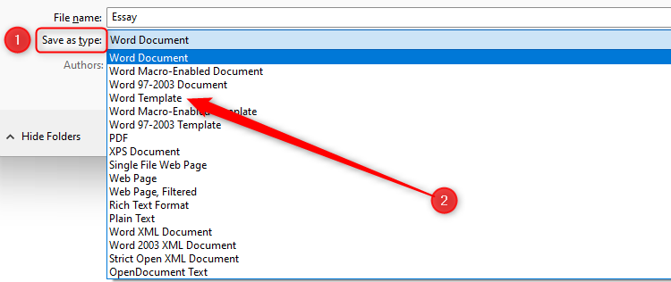 Word's Save As window with the Save As Type drop-down launched and 'Word Template' highlighted.