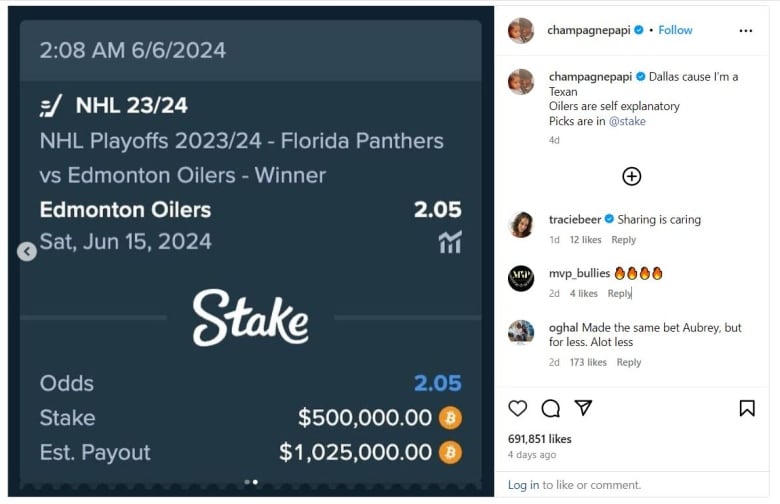 A post from Drake outlined a $500,000 US bet the Canadian rapper is putting on the Edmonton Oilers — with him betting that the team will win the Stanley Cup Finals.