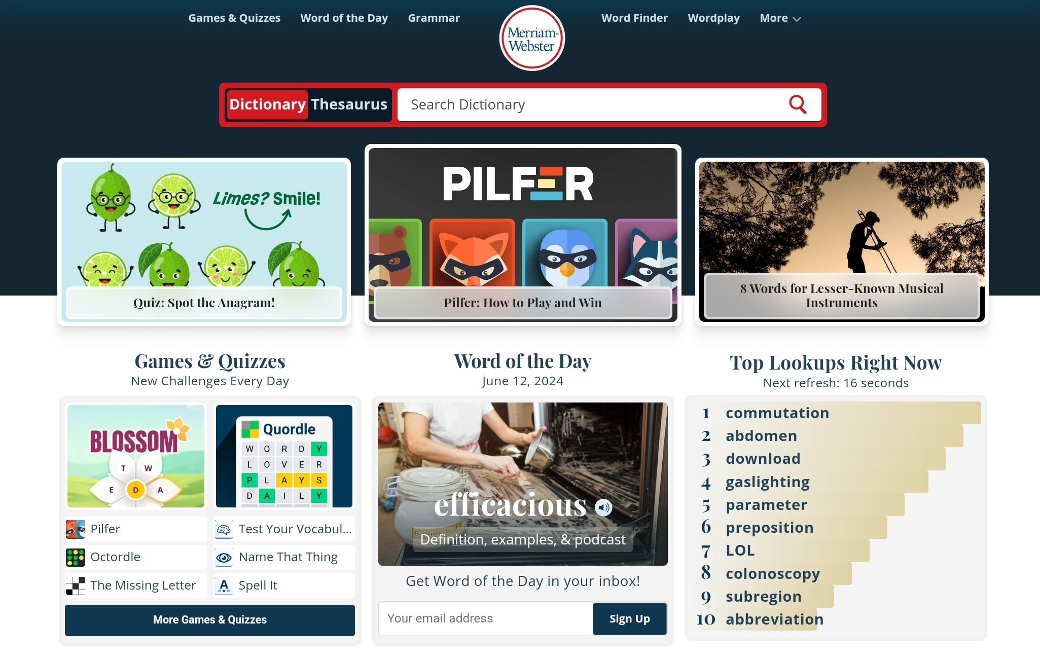 Merriam-Webster webpage displaying quizzes and games