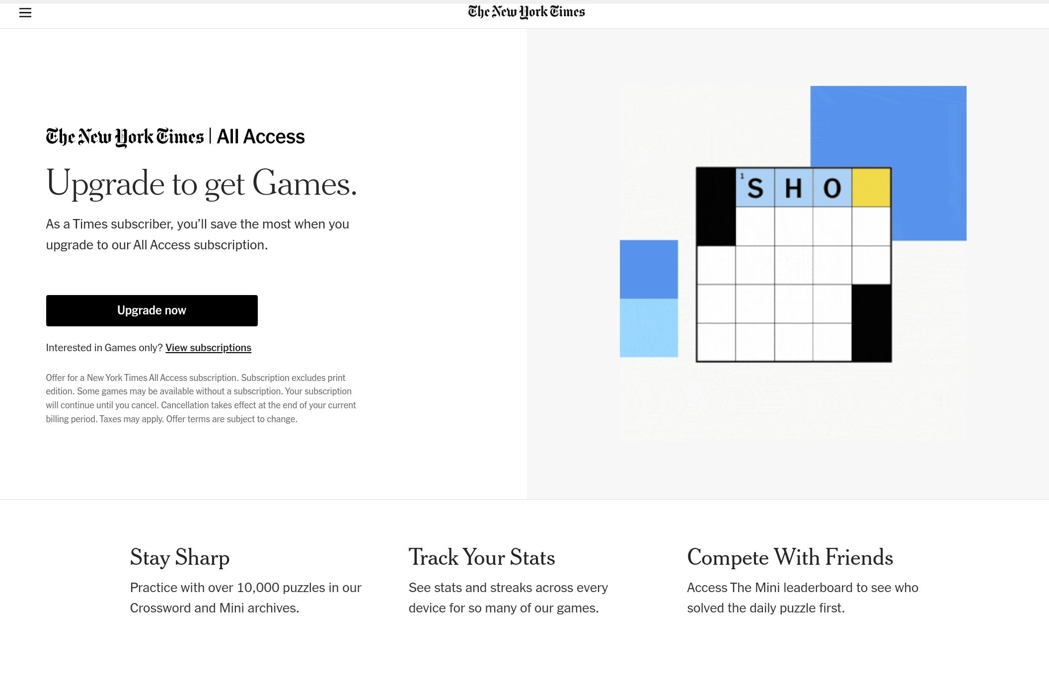 The New York Times website advertising games access as part of a subscription