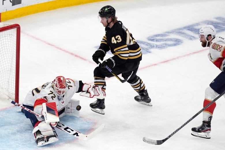 Florida goalie Sergei Bobrovksy is seen blocking a shot by Danton Heinen of the Boston Bruins during a second-round playoff game in Boston last month.