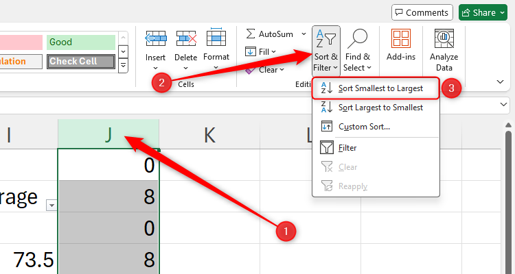 An Excel sheet with column J selected, and the 'Sort Smallest To Largest' option in the Sort and Filter menu highlighted.