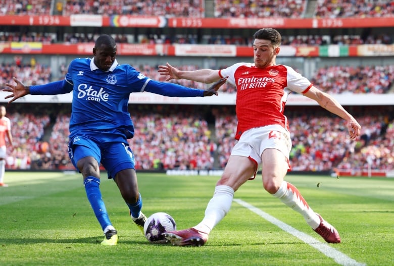 The logo of the Stake gambling brand is seen on the front of the jersey of Everton FC player Aboulaye Doucoure, during a English Premier League soccer game against Arsenal FC last month.