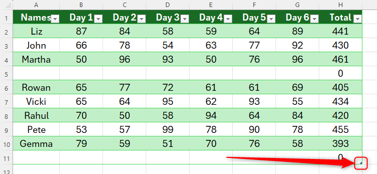 A formatted table in Excel with new rows added in the center and at the bottom of the table. The table expansion handle in the bottom-right corner is indicated with an arrow.