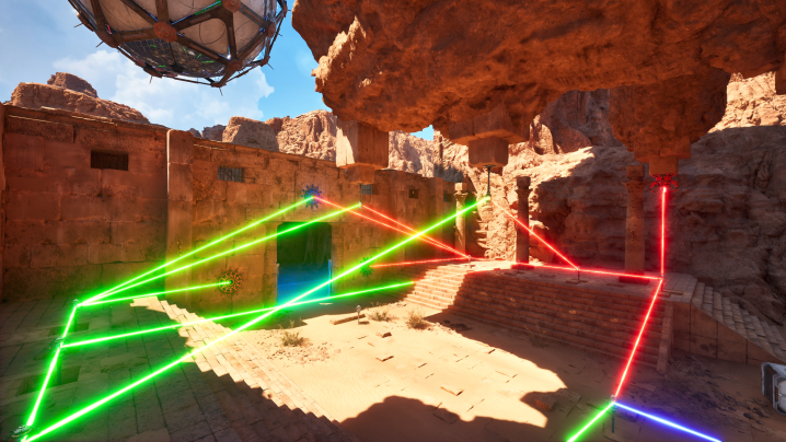 A complex laser puzzle appears in a desert in The Talos Principle 2.