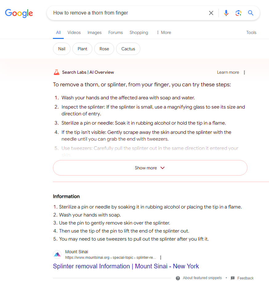 Google SGE and featured snippet showing the results for "How to remove a thorn from finger."