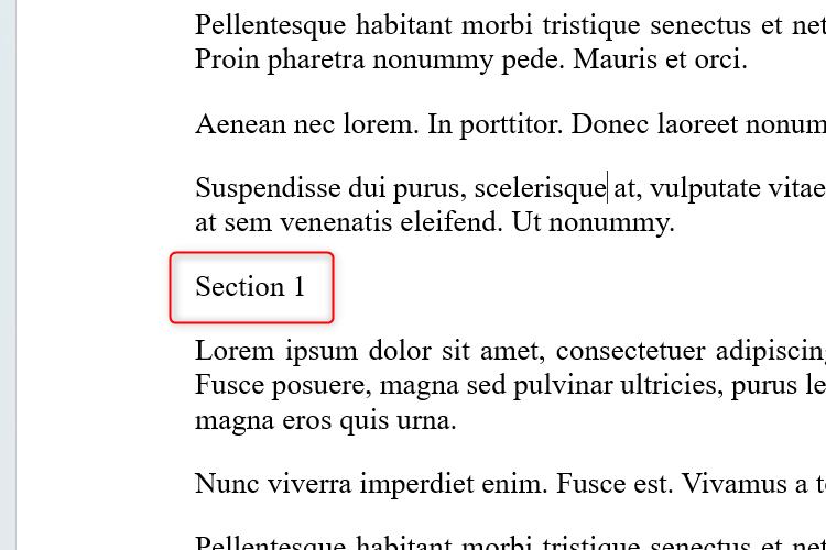 A Microsoft Word document containing an unformatted heading that reads Section 1.