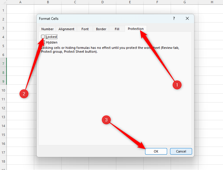 The Format Cells dialog box in Excel with the Protection tab open, 'Locked' unchecked, and the OK button highlighted.