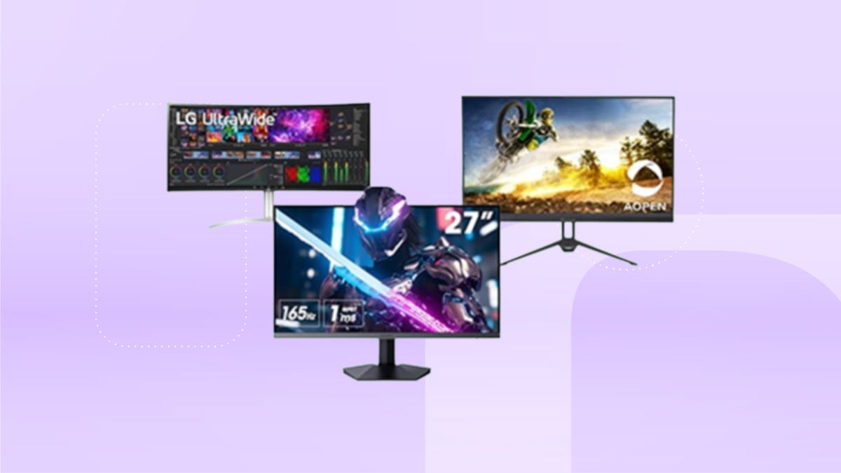 black LG, KOORUI and AOPEN monitors against lavender background