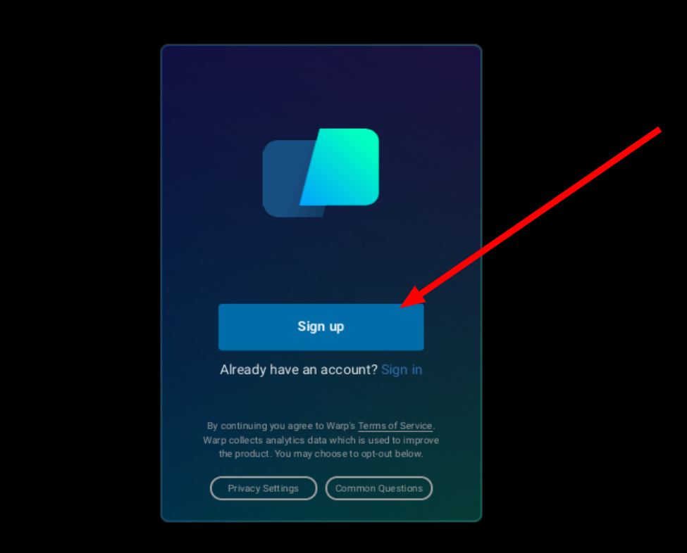 Warp Terminal sign up window after launching