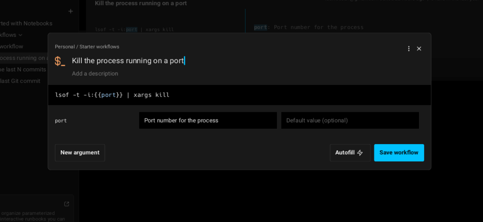 Warp Terminal workflow about killing a process running on a certain port