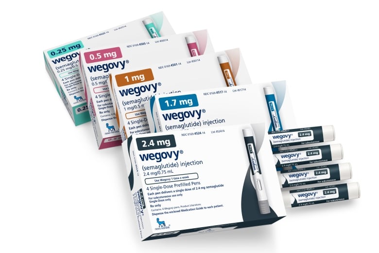 Five boxes of different colours sit on top of each other. The top box has tubes sticking out of it. The boxes and the tubes say "wegovy (semaglutide injection".