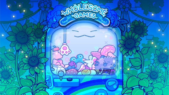 A Wholesome Direct promo image shows a claw machine full of plushies.