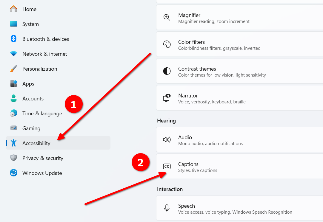 Windows Accessibility settings being displayed