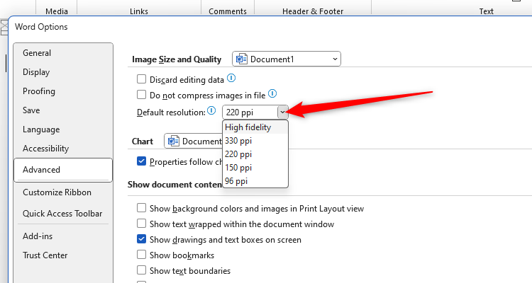 The Word Options window with the Default Resolution drop-down options displayed.