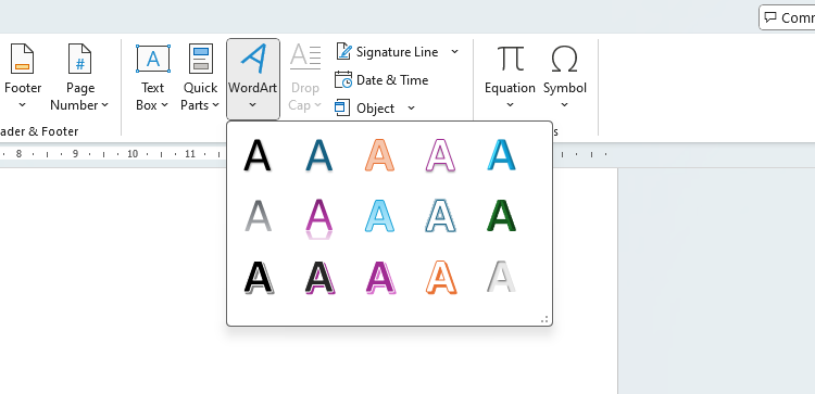 The WordArt choices in Microsoft Word.