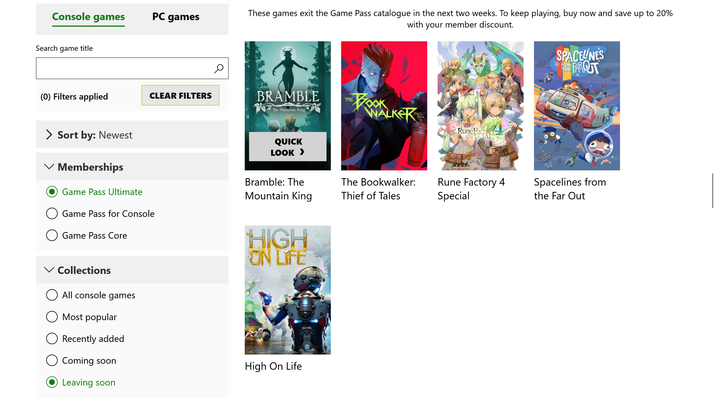 Xbox Game Pass website showing games leaving the service soon.